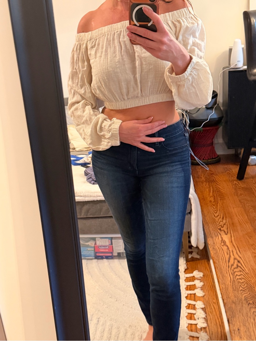 Bella Dahl natural beige linen crop off shoulder top with elastic finish